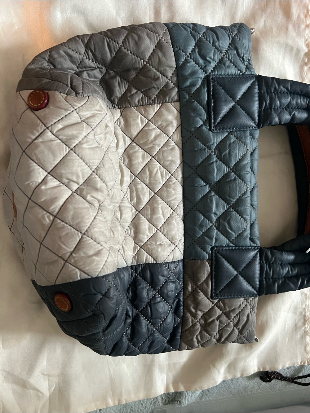 MZ Wallace Quilted Patchwork Tote in Gray, Cream and Tan Accents - Picture 2 of 4